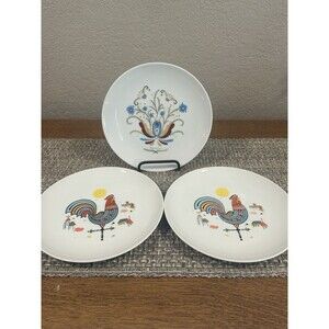 Vintage Berggren Salad Plates Set Of 3 Rooster Folk Art Norway Scandinavian